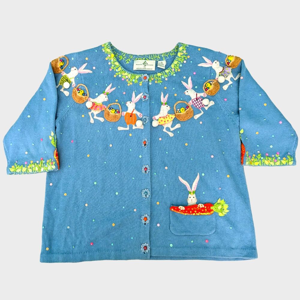 Vtg Design Options Cardigan Sweater Easter Bunny Womens XXL Grandma Knit Spring